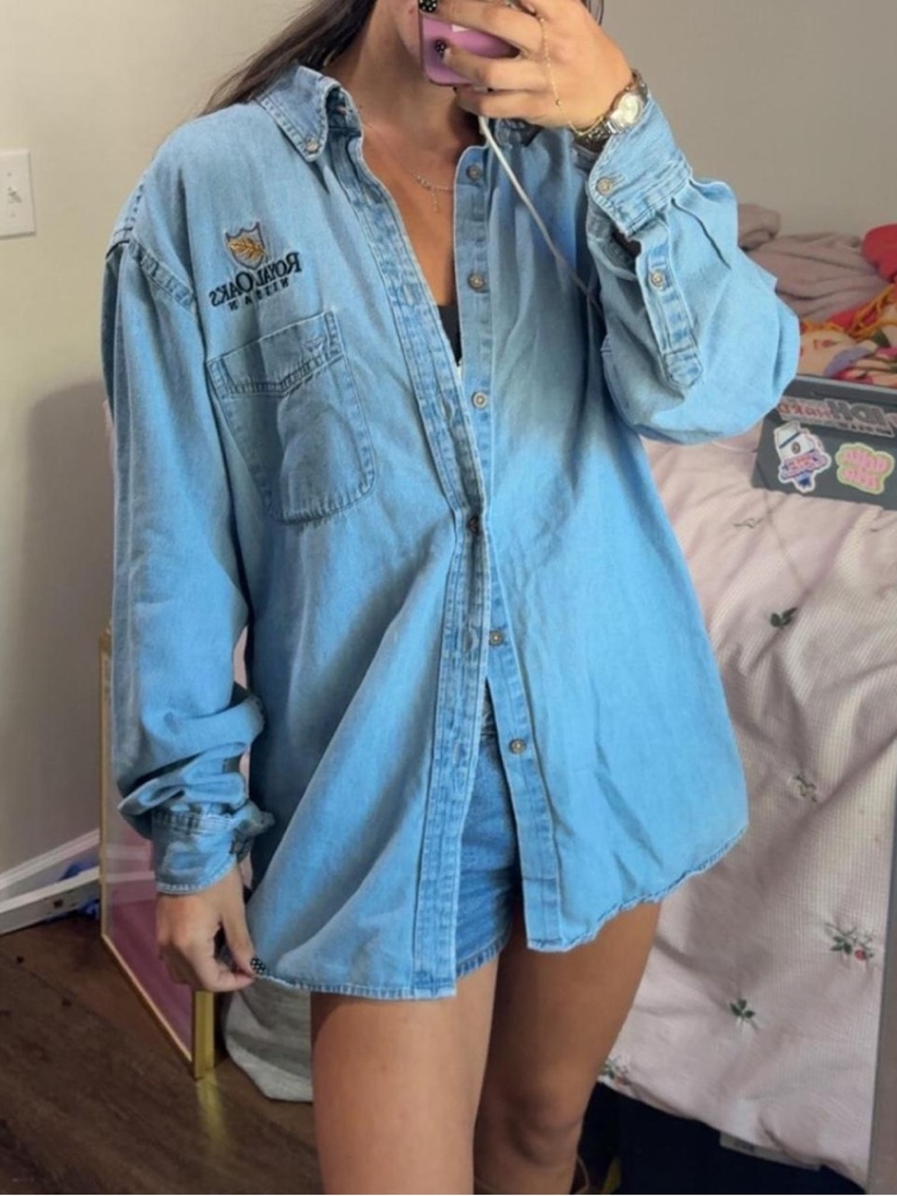 Light Blue Denim Button-Up Shirt with Embroidered Logo